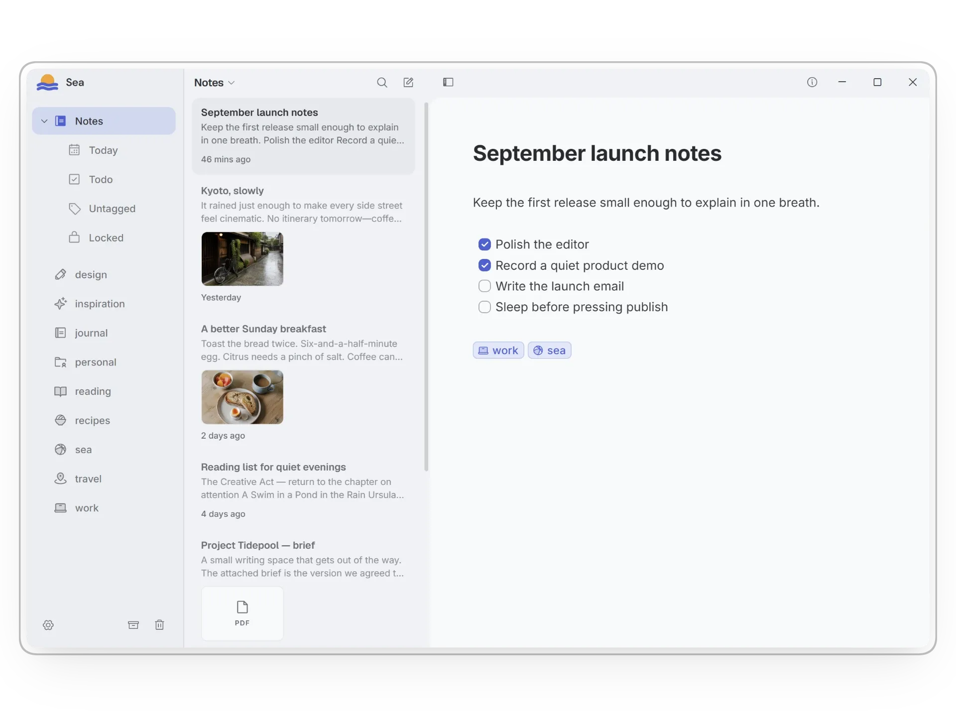 Sea desktop app showing its note editor and navigation