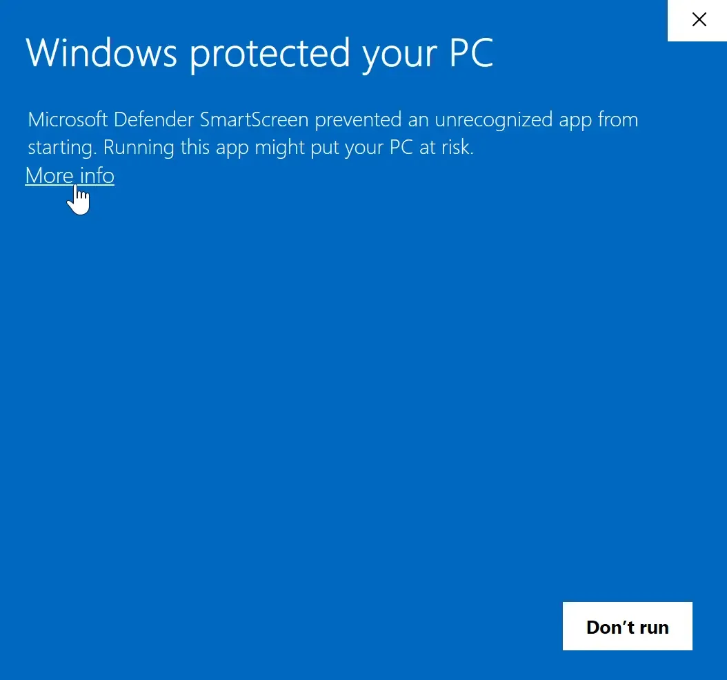 Windows security warning with the More info option