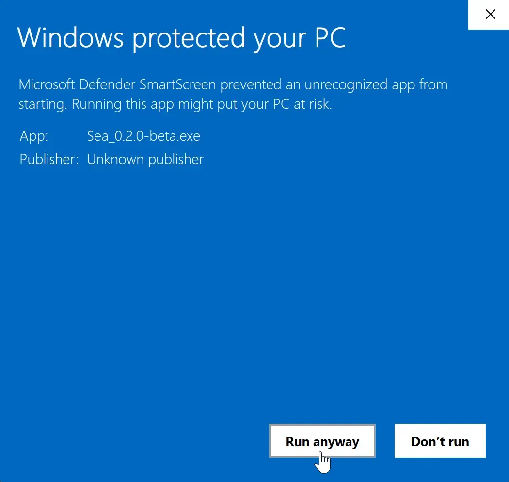 Windows security warning with the Run anyway option